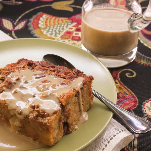 Cane Syrup Pecan Bread Pudding with Espresso Creme Anglaise